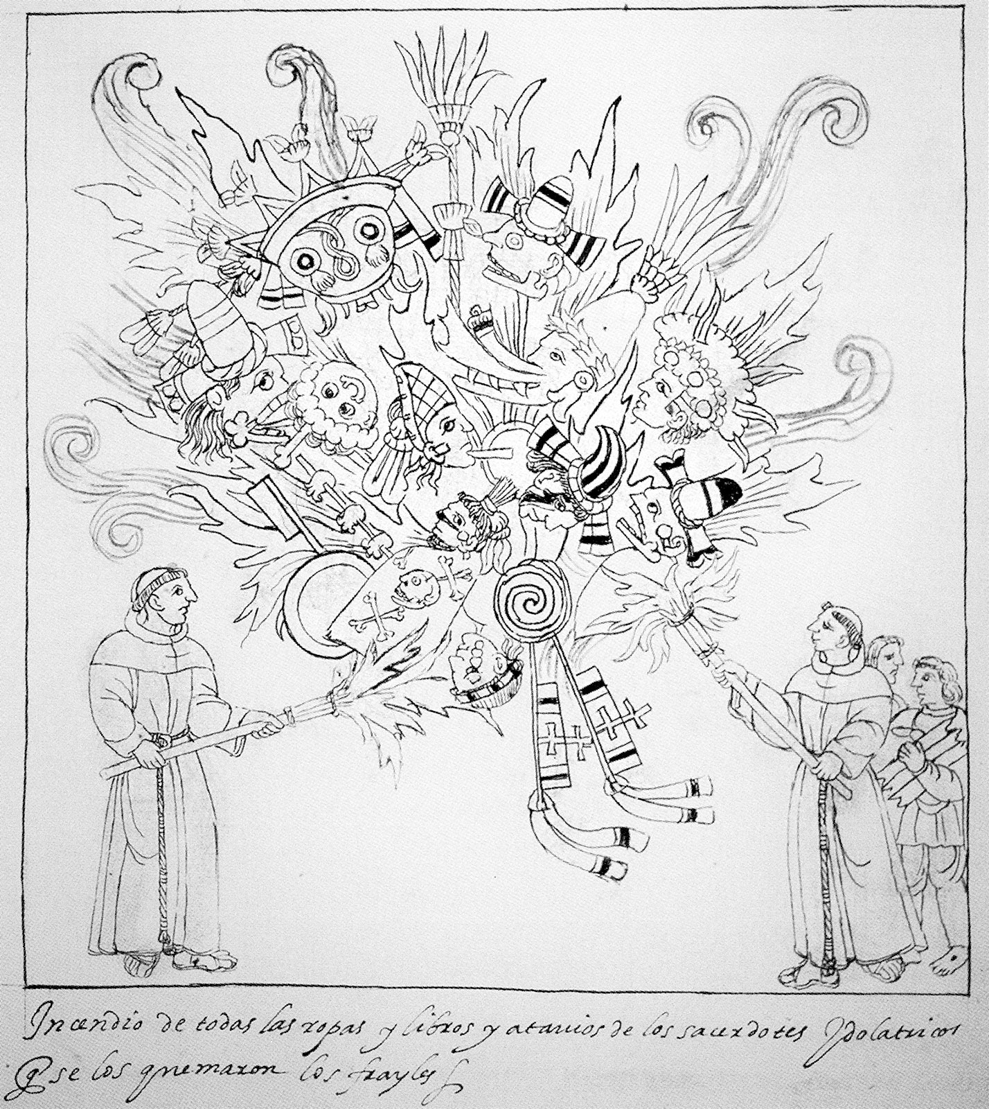 Historia de Tlaxcala ; Franciscan Friars Burning Traditional Codices and Clothes